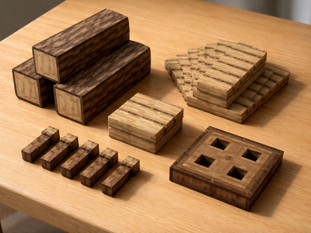 Minecraft-style materials laid out for a bird house build: spruce logs, planks, slabs, fences, trapdoor