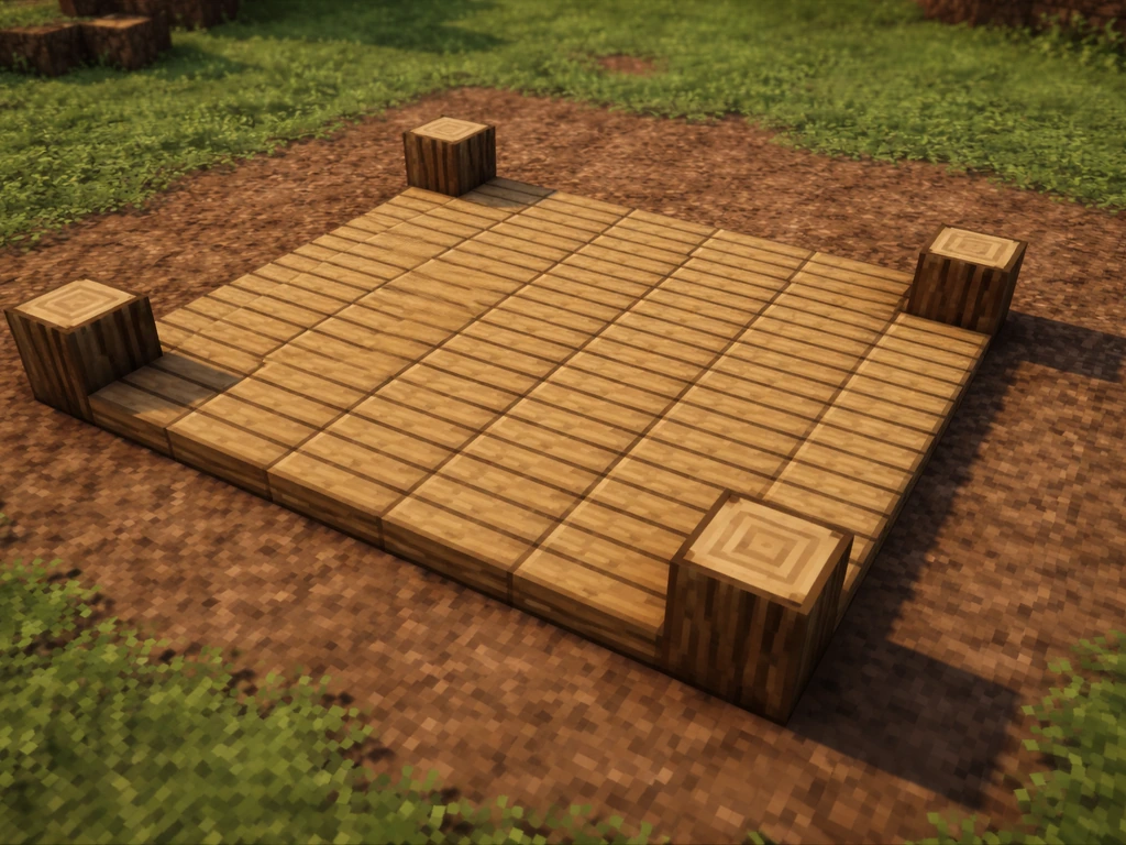 Top-down view of a 5x5 spruce plank grid floor with corners marked by neatly placed log blocks.
