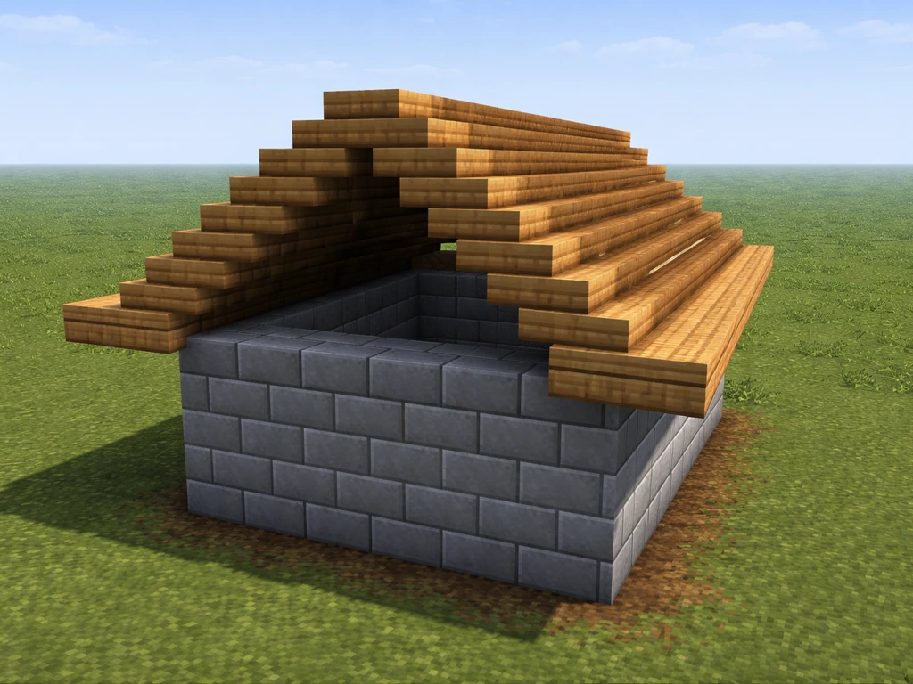 In-game view of building a peaked roof with the correct 1–2 block overhang beyond the wall.