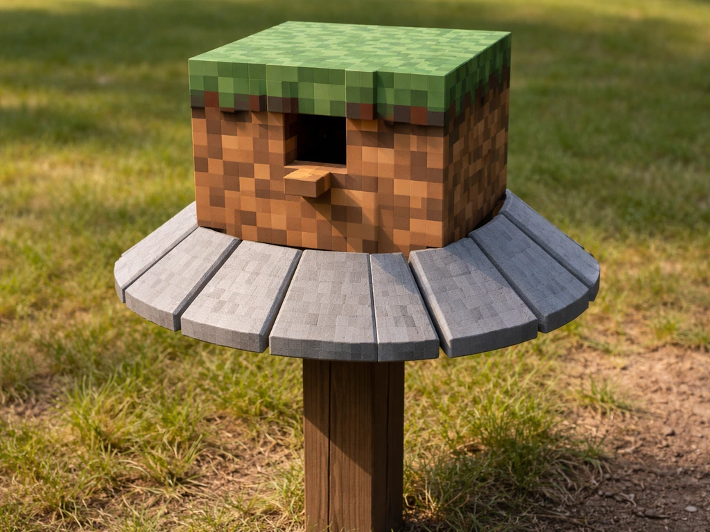 Close-up of a Minecraft-style birdhouse mounting post with a cone baffle ring of stone slabs below the entrance.