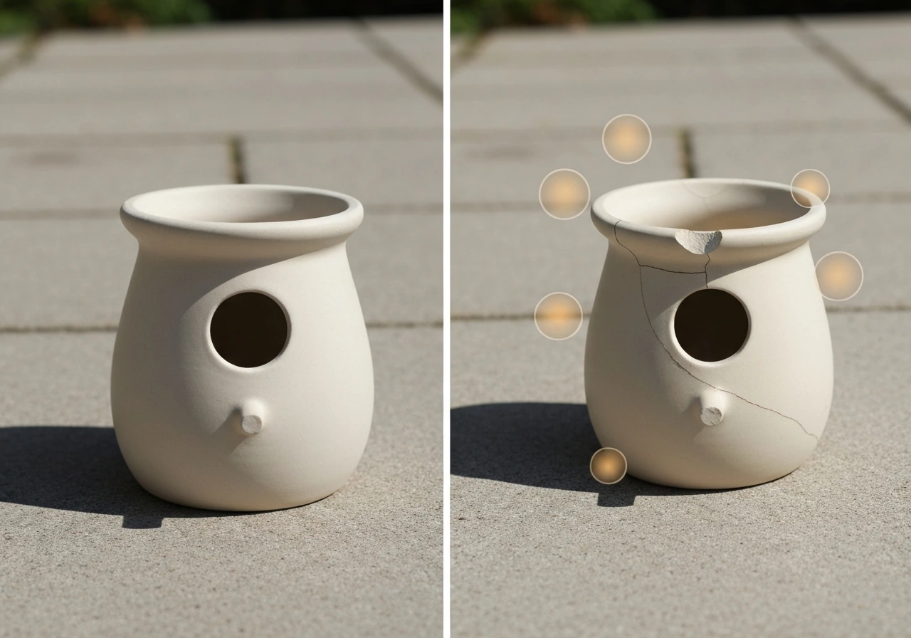 Two ceramic birdhouses side-by-side: one intact and one cracked with a chipped rim.