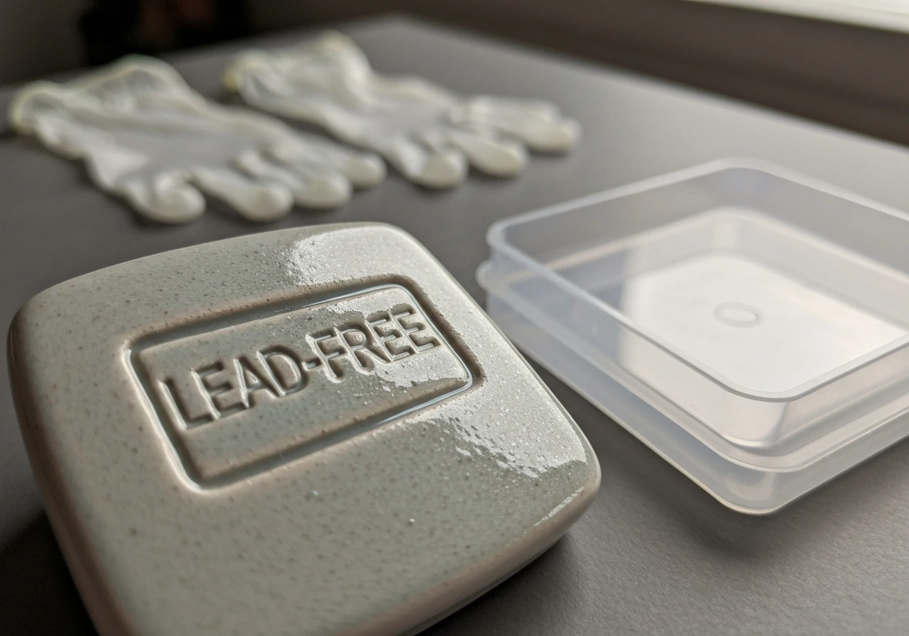 Macro of a ceramic glaze marking indicating lead-safe with a neat, safe test-kit setup nearby.