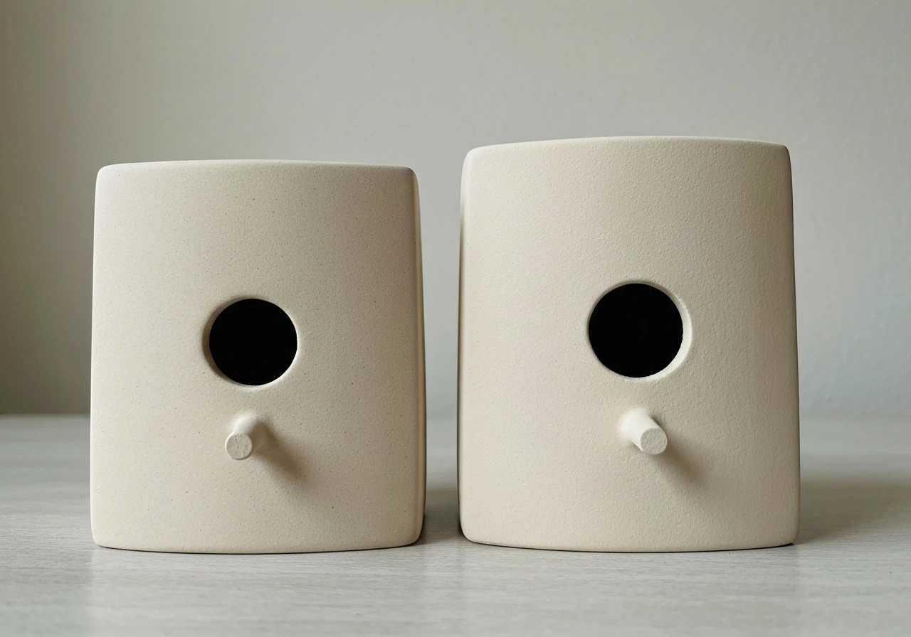 Two ceramic birdhouses side-by-side showing small vs large entrance-hole diameters.