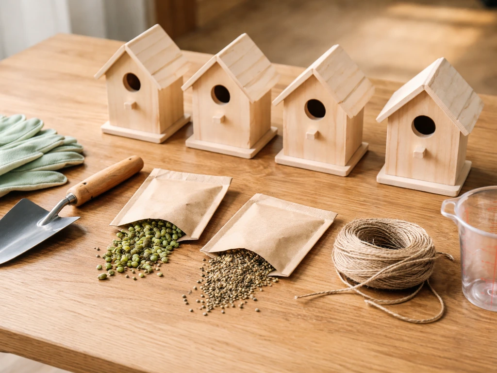 Four pre-built birdhouses with hop/herb seeds and a few garden tools laid out on a wooden table.