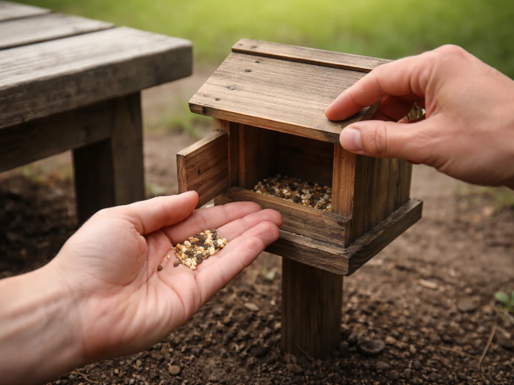 Close-up of hands adding seeds to a birdhouse on a bench, checking it looks ready.