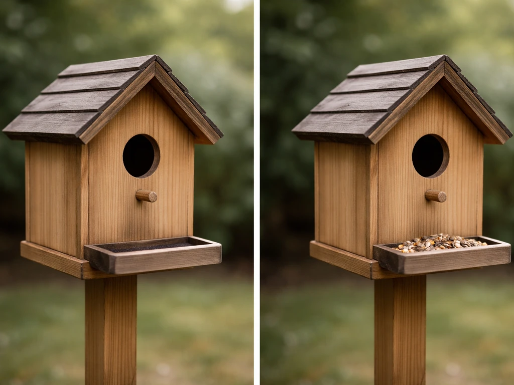 Split view of an empty birdhouse with no seeds and a seeded birdhouse ready to attract birds.