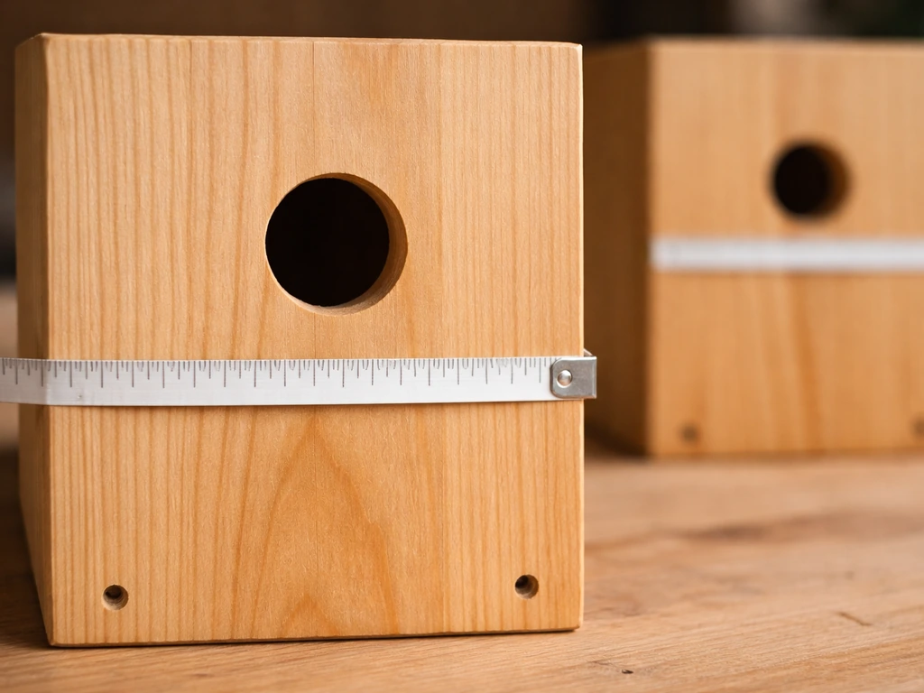 Close-up of a birdhouse front panel with a measuring tape and a round entrance hole for wrens