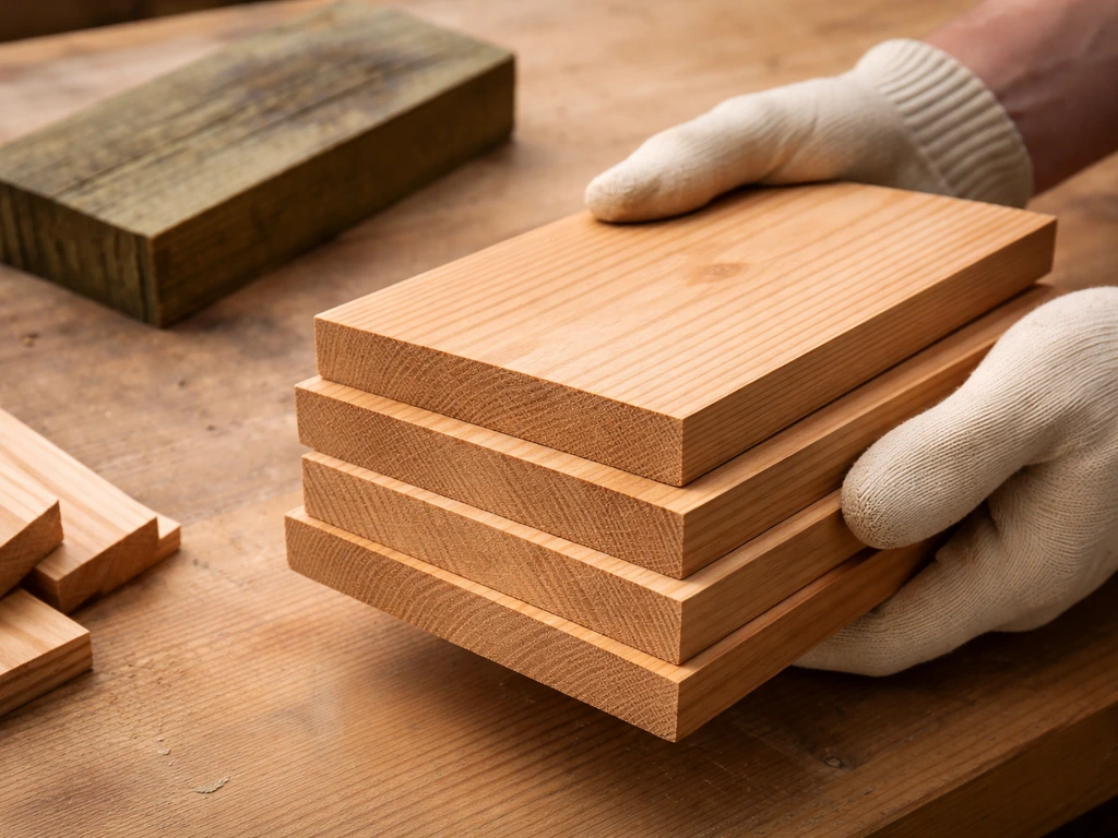 Close-up of cedar boards beside a discarded pressure-treated lumber piece, showing thickness details