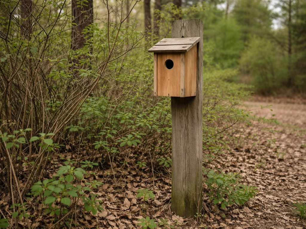 Wooden bird nest box mounted on a post in a brushy woody edge, showing correct placement height.