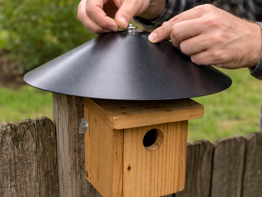 Close-up of a downward-facing cone baffle being installed under a mounted wren box to block predators.