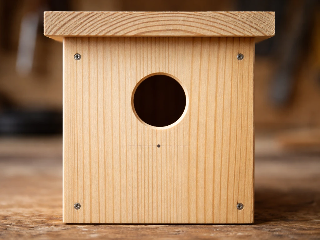 Close-up of a bird nest box front with a 32 mm entrance hole positioned about two-thirds up.