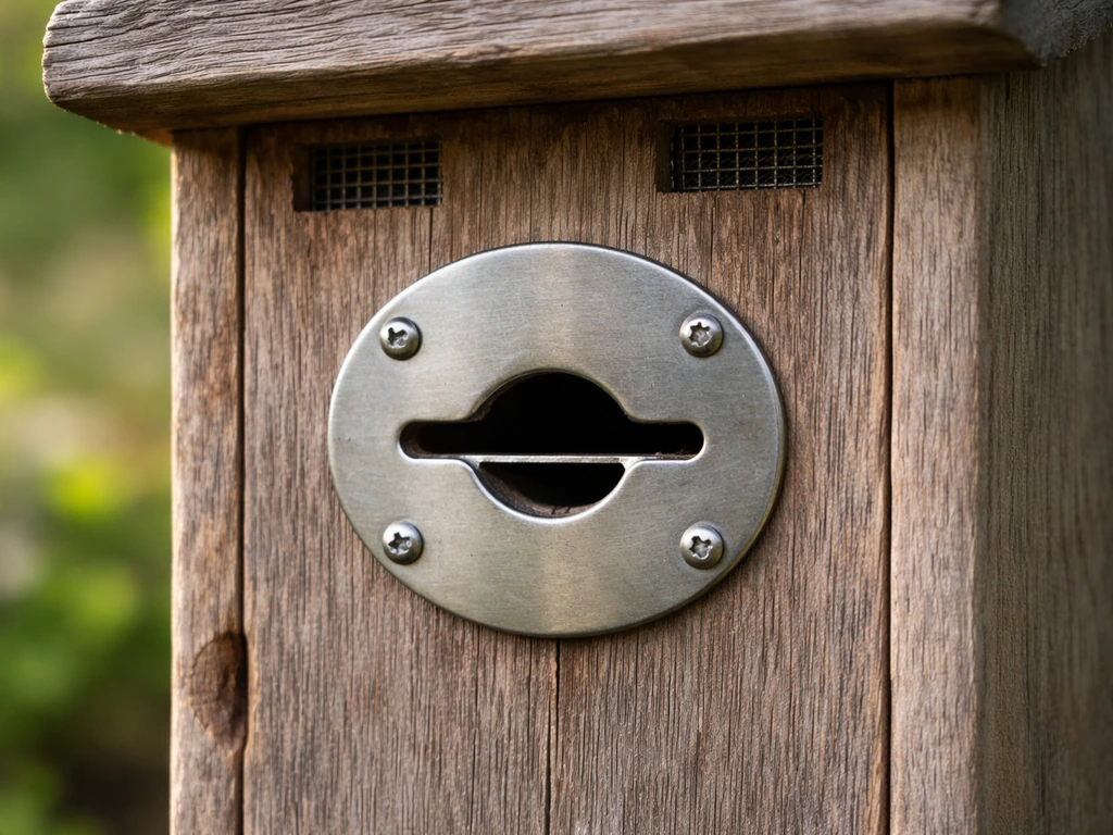 Birdhouse entrance with metal barrier plate and small vent openings covered with mesh.