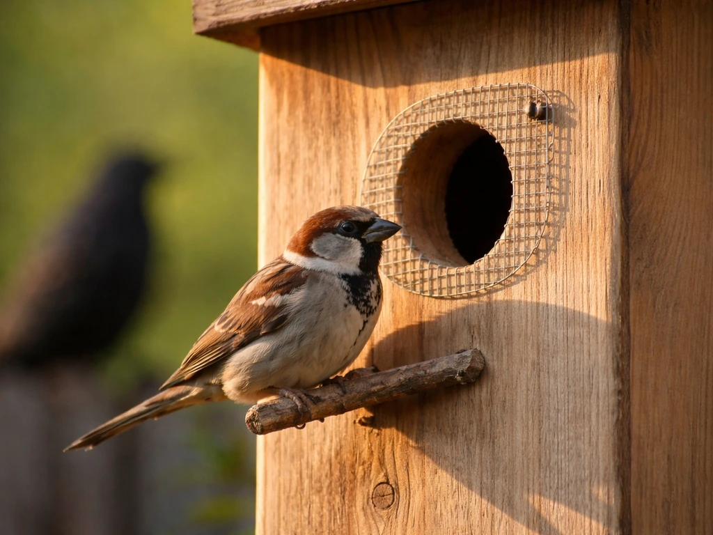 Small house sparrow near a small birdhouse entrance hole as a larger starling remains out of reach.