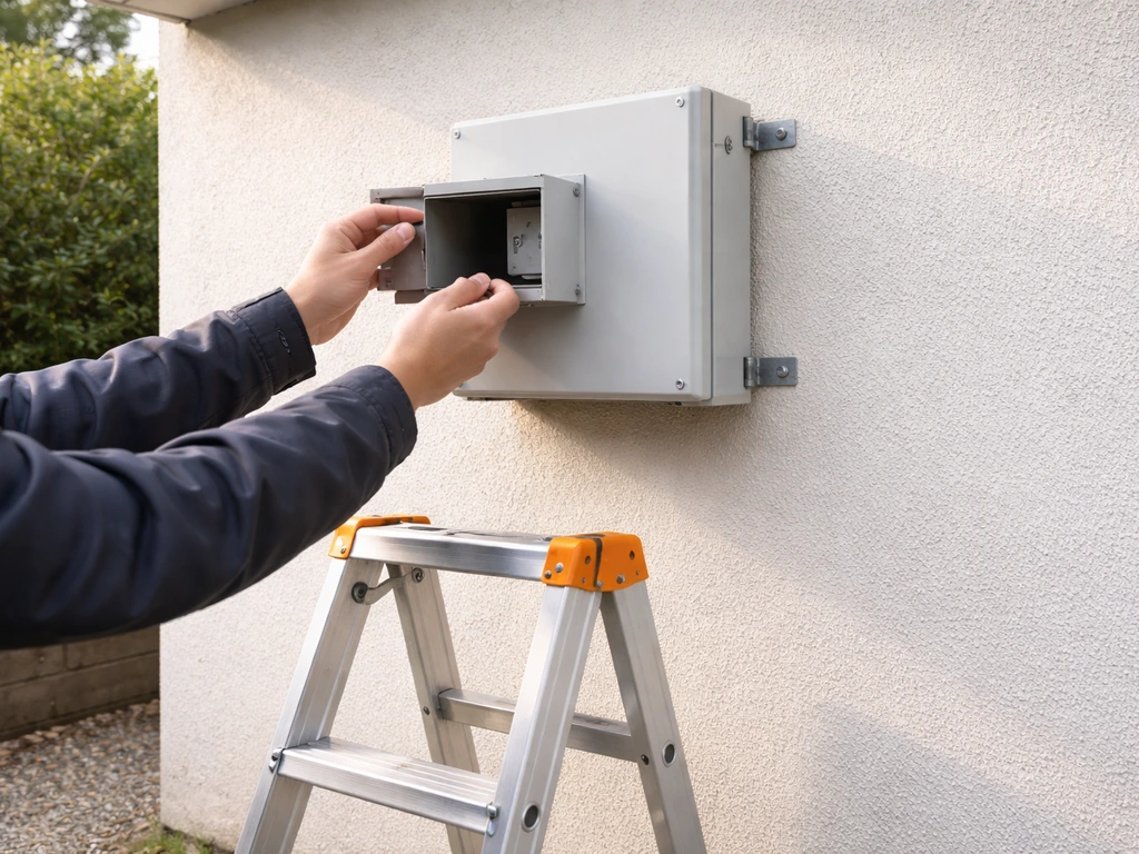 Utility box mounted high on a wall with an aluminum ladder ready for safe seasonal cleaning access.