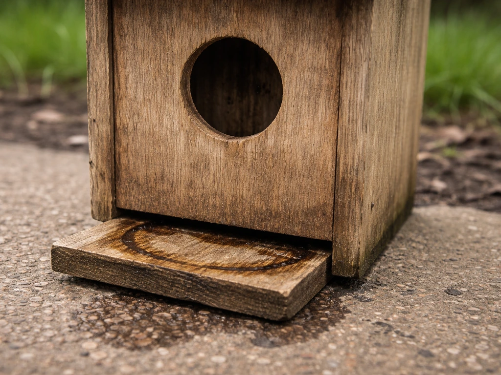 Close-up of a wooden bird nest box with a damp, wet base and moist stains inside, no birds present.