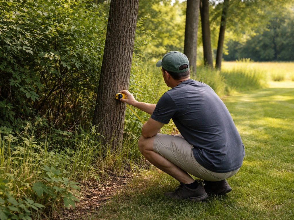 Anonymous homeowner crouches at lawn edge, checking habitat spot near shrubs and trees for a birdhouse.