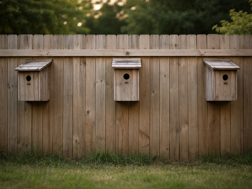 Three spaced wooden bird nest boxes mounted on a fence with clear gaps to avoid crowding.