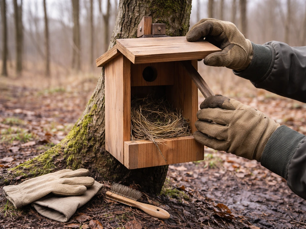 A hand checks and cleans a wooden nest box outdoors in early spring with simple tools nearby.
