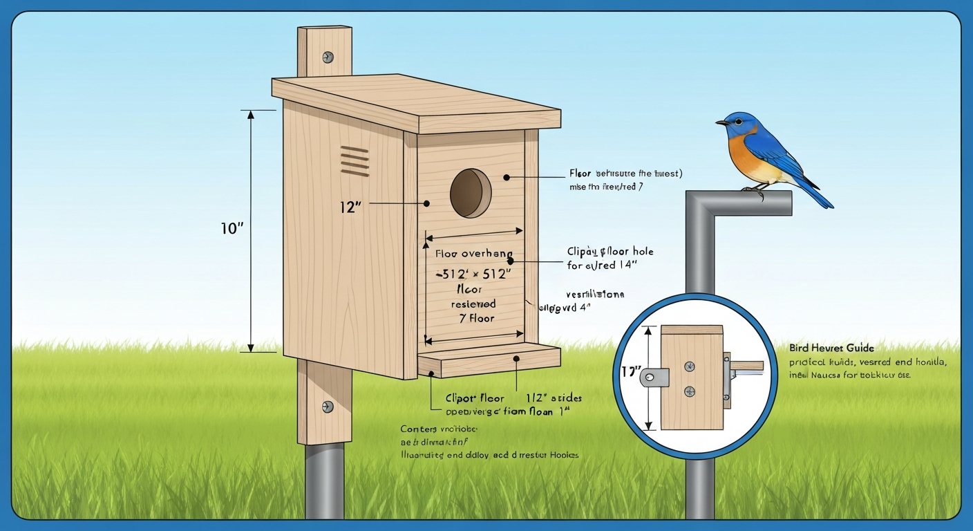 Technical cutaway illustration of a bluebird nest box on a metal pole with labeled measurements and features (entrance hole, recessed floor, ventilation, clipped corners, roof overhang).