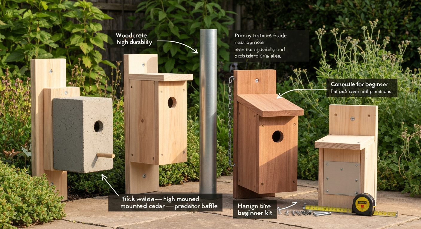 Garden scene showing several bird house kits: a woodcrete box on a bracket, a cedar box on a pole with a cone baffle, a hanging wooden box, and a flat-pack kit with tools in the foreground.