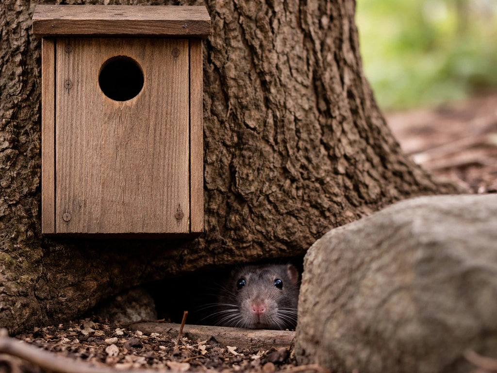 Close-up of a wooden nest box with a small entrance hole, showing a predator kept out by the narrow gap.