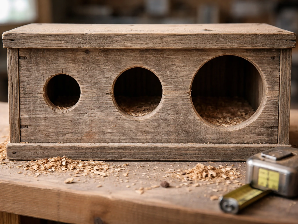 Close-up of a wooden nesting box front with three entrance-hole sizes and different interior floors shown