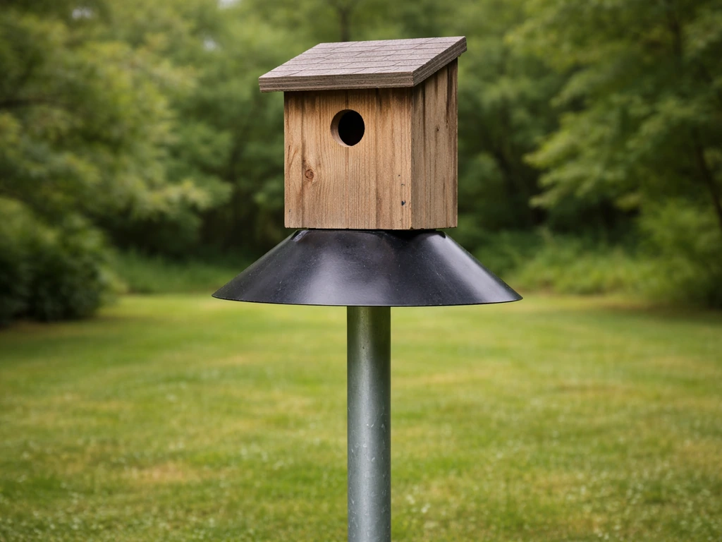 Birdhouse on a smooth metal pole with a predator guard above, entrance hole unobstructed.