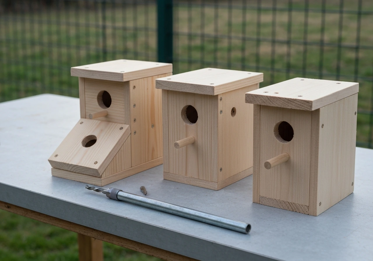 Three different birdhouses on a workbench showing varied entrance sizes and drainage-ready layouts.