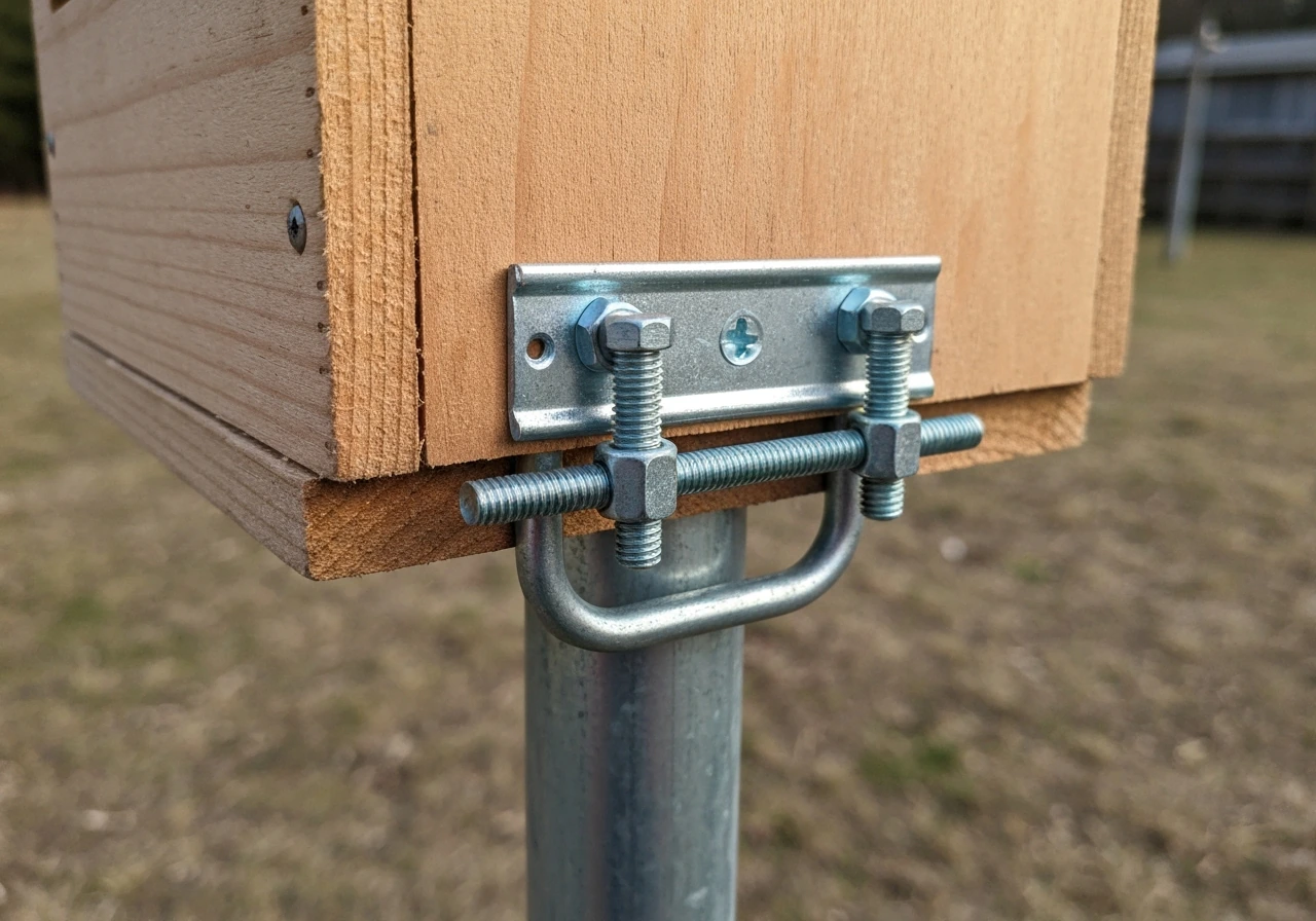 Close-up of a U-bolt and conduit clamp securing a nest box to a metal conduit pole.