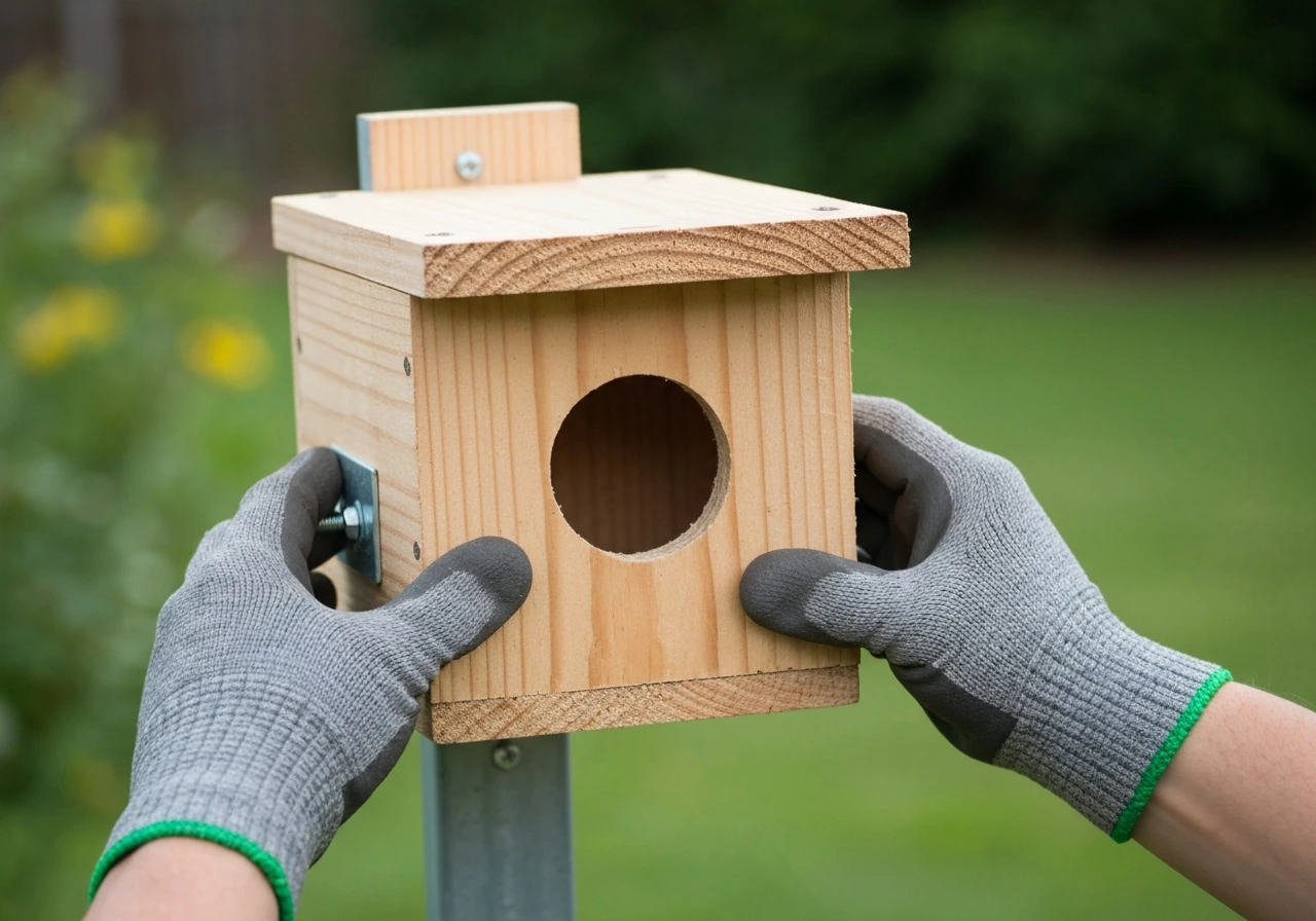 Hands firmly gripping a bird nesting box on a pole while checking the entrance area for clearance