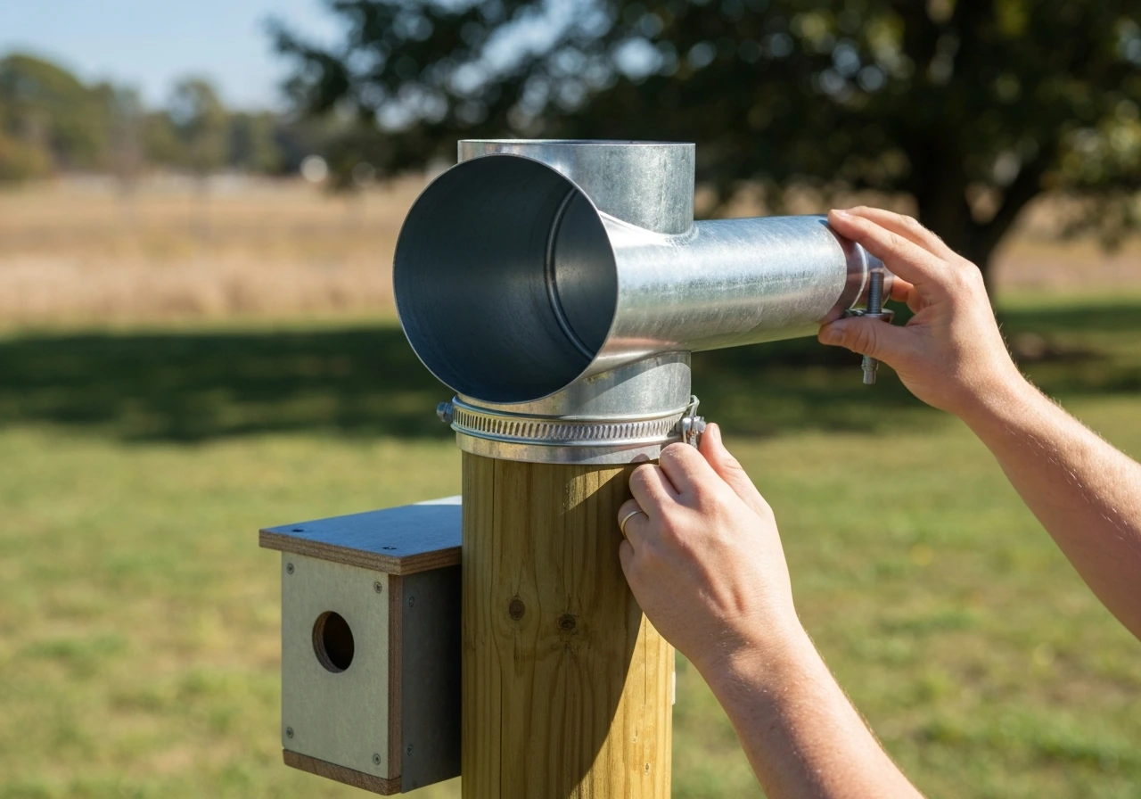 Cylindrical metal stovepipe baffle being installed on a pole-mounted bluebird house to block predators.