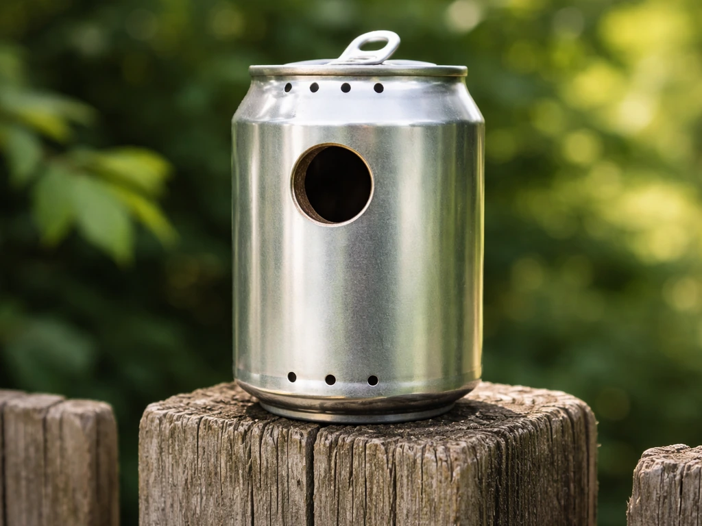 Close-up of a finished soda-can bird house outdoors with entrance hole and safe ventilation/drainage details.