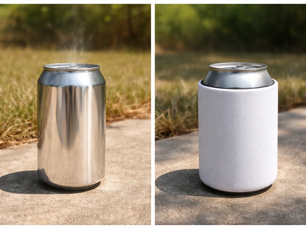 Bare aluminum can in full sun looks hotter, while an insulated can stays cooler to the touch.