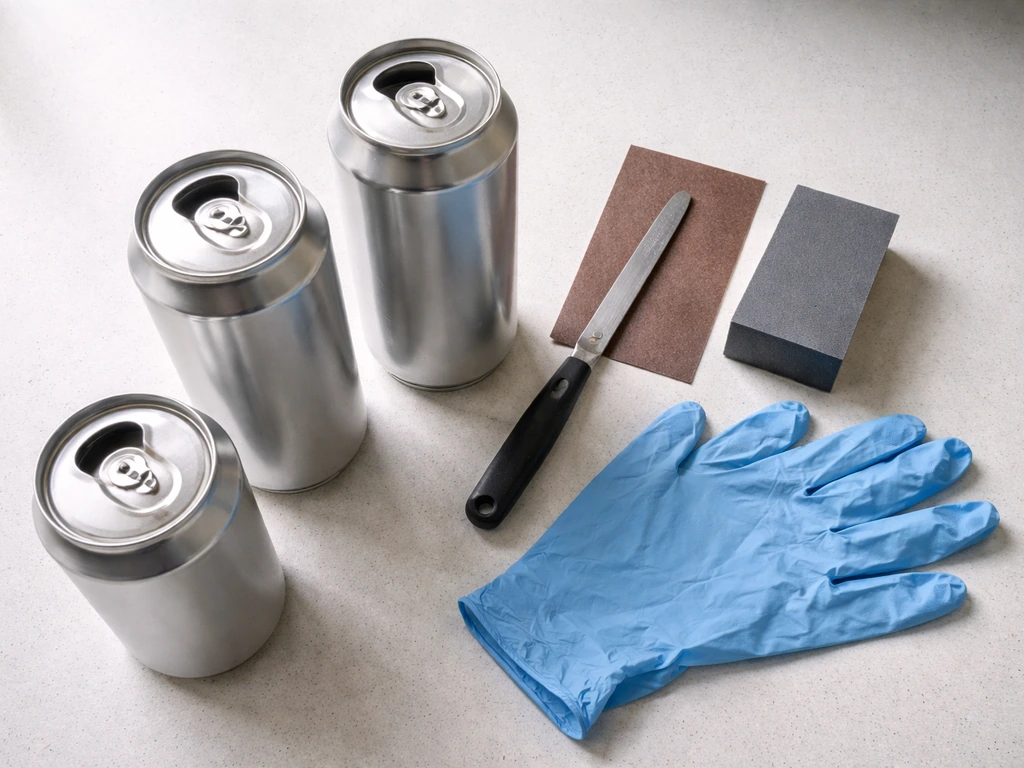 Aluminum soda cans beside safe cutting and sanding tools, focused on smoothing can edges