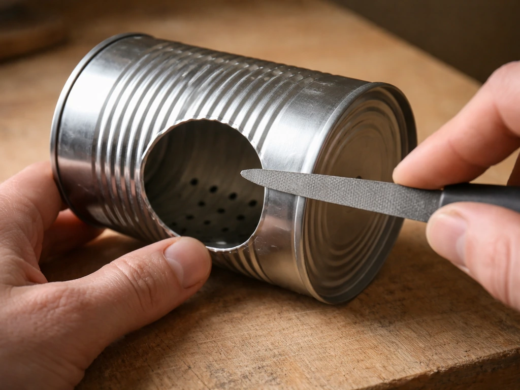 Hands file a freshly cut entrance hole on a metal can, with small interior drainage/vent holes visible.