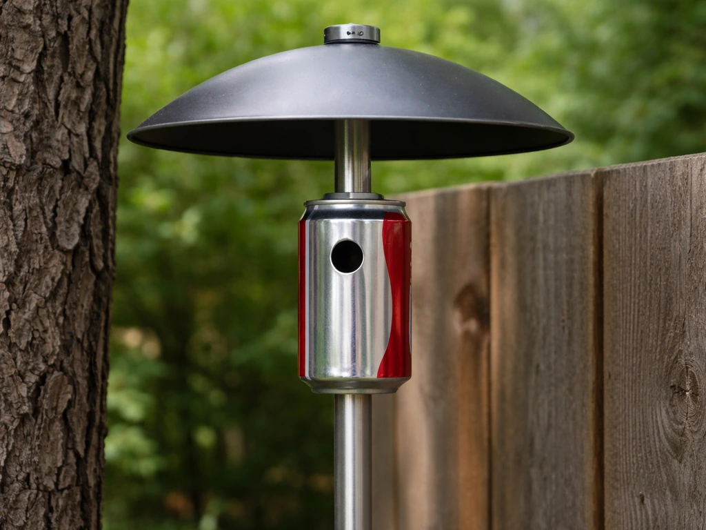 Soda-can bird house on a metal pole with a baffle, shown separated from tree and fence surfaces.