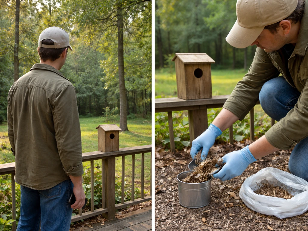 Caretaker in gloves checks a bird nest from 10–15 feet away and later cleans the empty nest container.