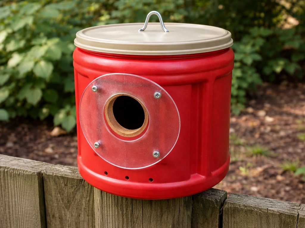 Close-up of a plastic coffee can bird house outdoors with entrance hole, drainage, and predator guard visible.