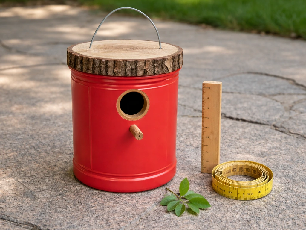 A finished plastic coffee can birdhouse beside a small ruler showing can height and width