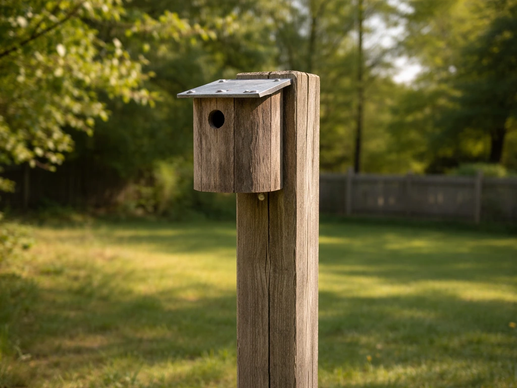 Small wooden bird nesting can mounted on a post, entrance angled away from sun and wind in a yard