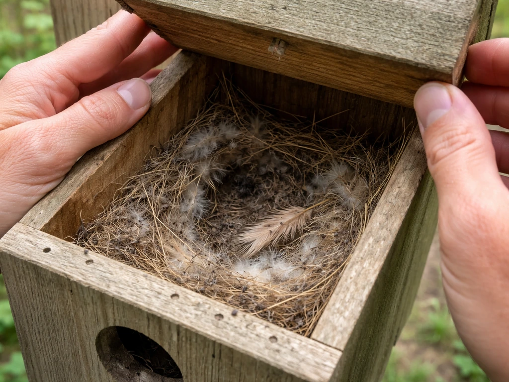 Close-up of a person gently inspecting a bird nest inside a small outdoor nesting box