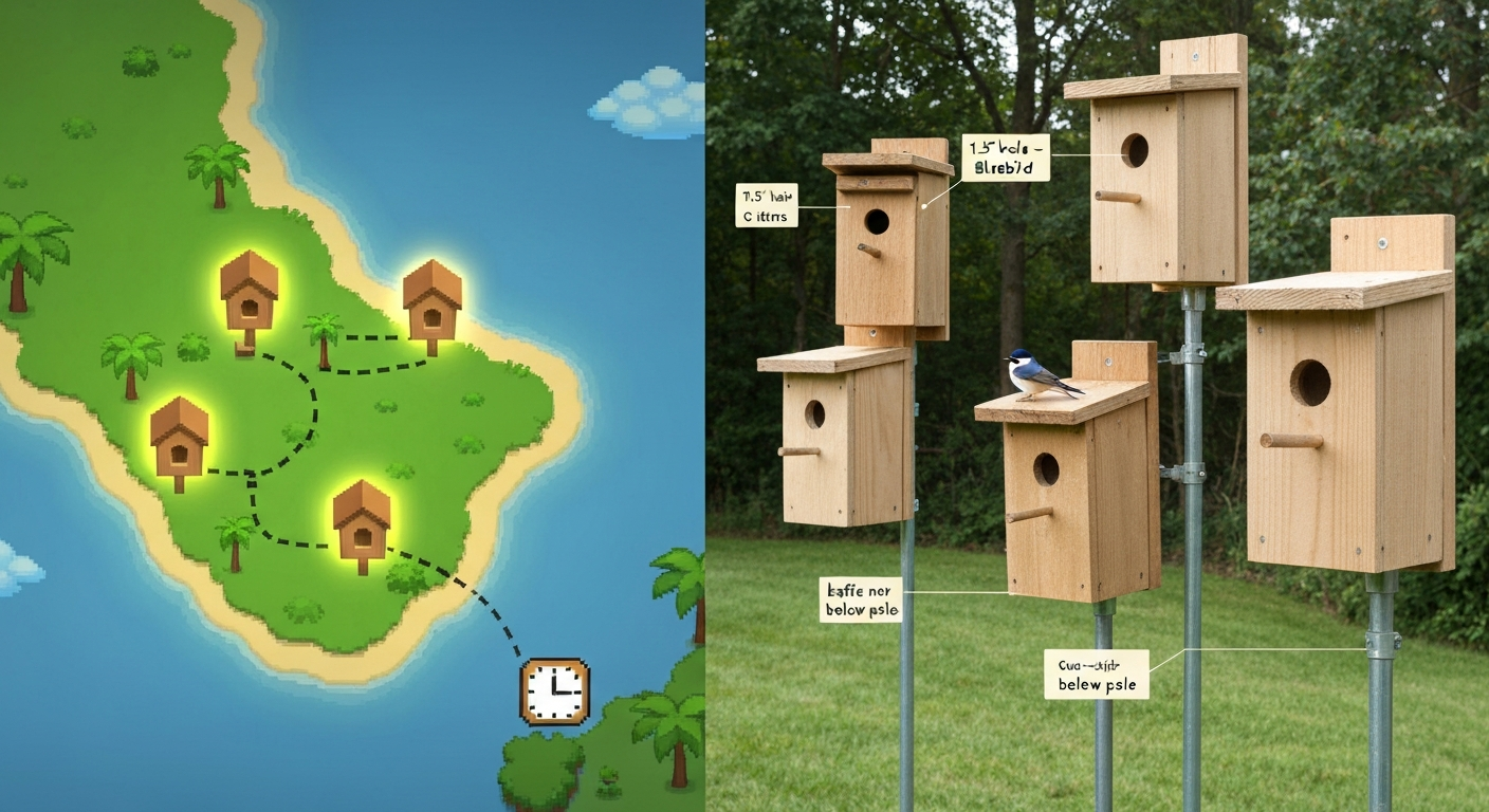 Split illustration: pixel-art island map (four birdhouse spots) on the left and a photorealistic backyard with mounted nest boxes and predator baffles on the right.