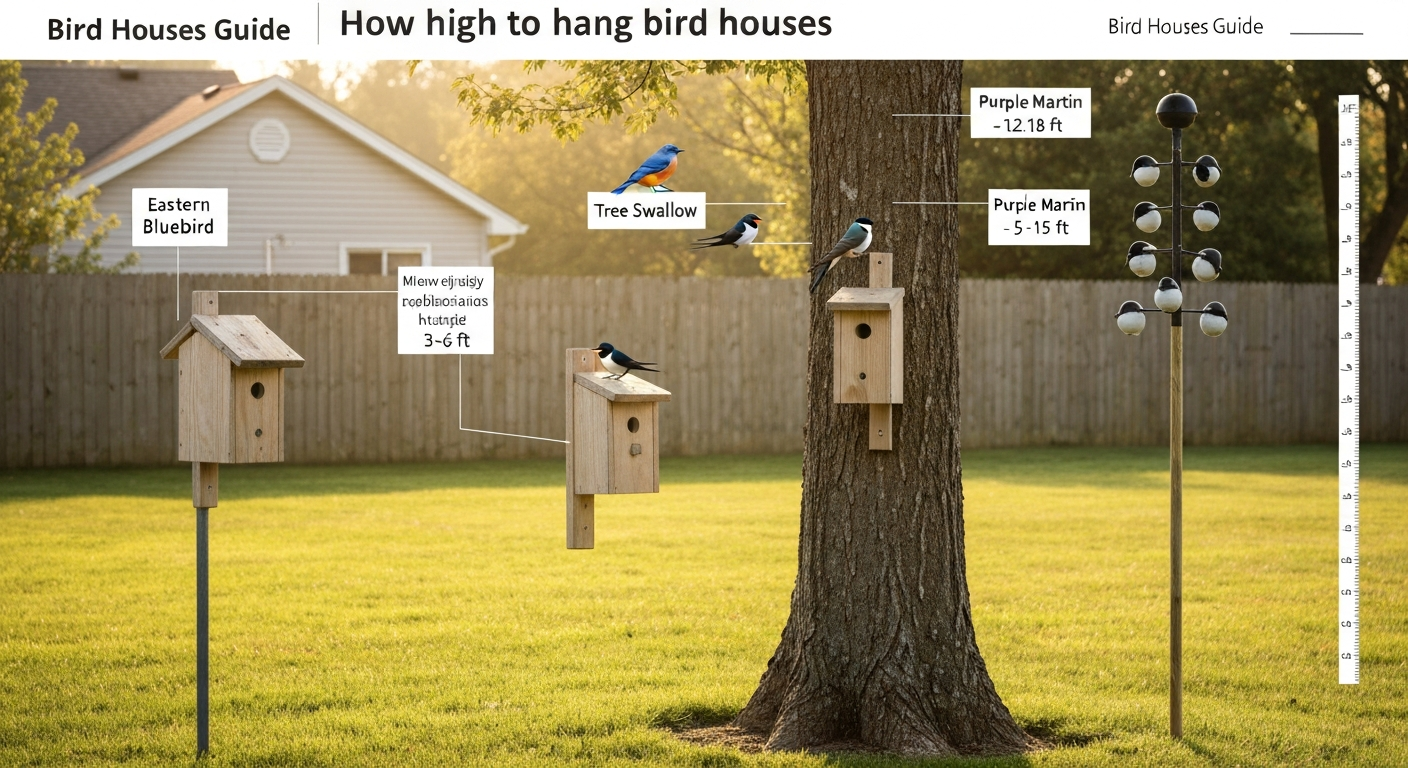 Backyard scene showing multiple birdhouses at different labeled heights with a vertical ruler for scale.