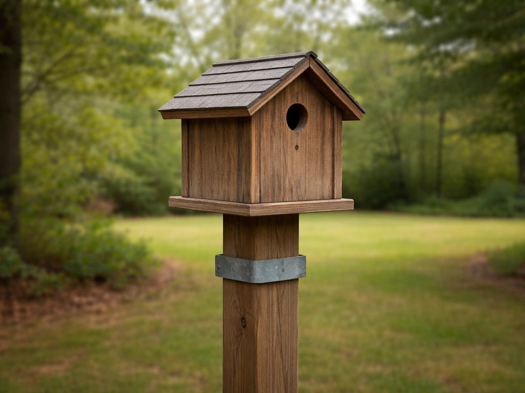 A completed post-top bird house mounted on a wooden post in a backyard, entrance facing open yard.