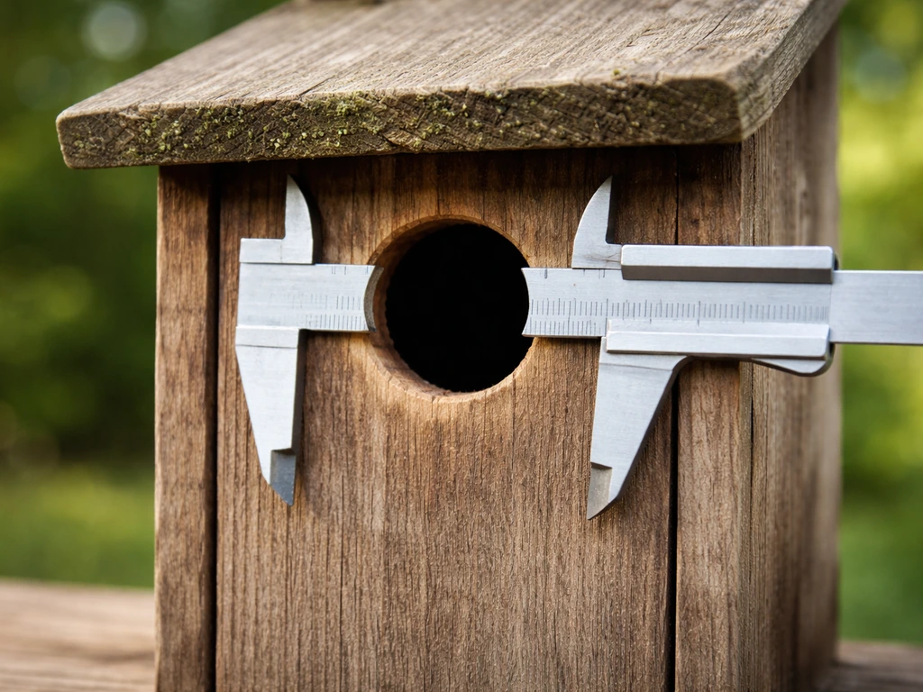 Close-up of a post-top bird house with a correctly sized entrance hole measured by a caliper