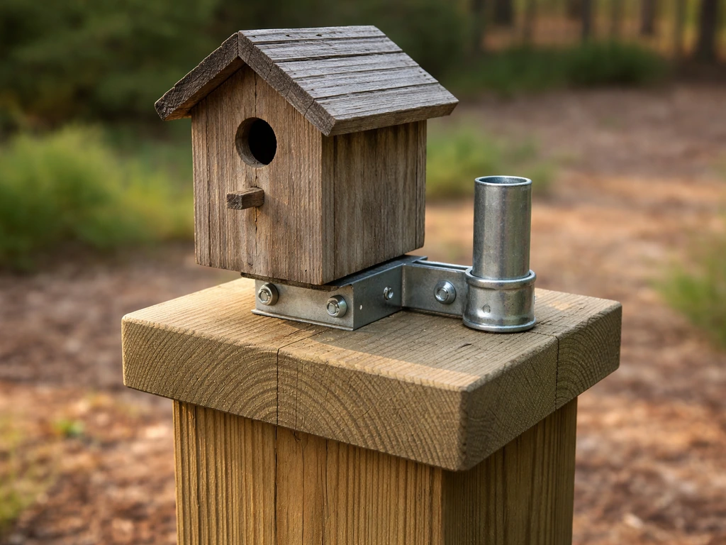 Secure bird box mounted on top of a 4x4 post with metal bracket and bolts, with conduit pipe nearby.