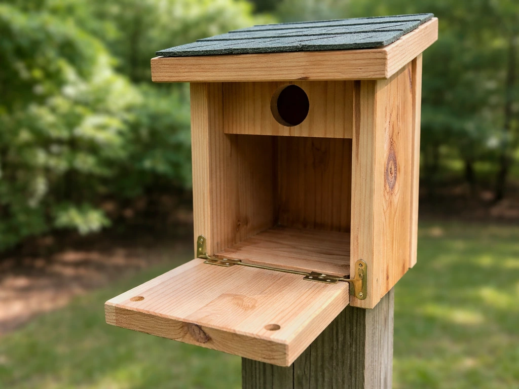Bird house with open clean-out panel and cleared interior, ready for re-use
