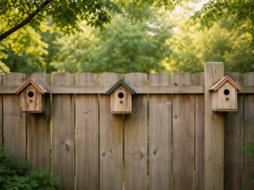Backyard fence with bird houses spaced apart clearly, showing safe distance between multiple houses