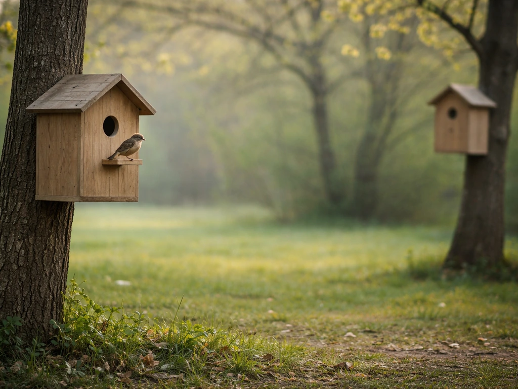 Two nearby bird nesting boxes on branches with an empty buffer space; a small bird perched nearby.