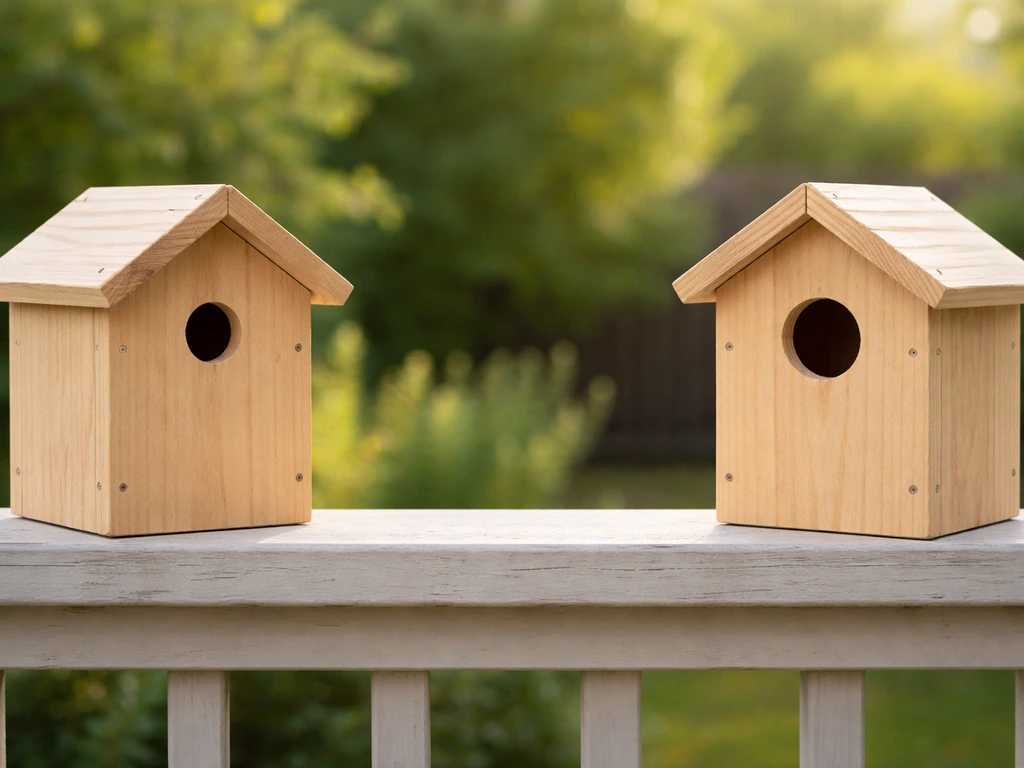 Close-up of two birdhouses with different entrance hole sizes and visible spacing between them.